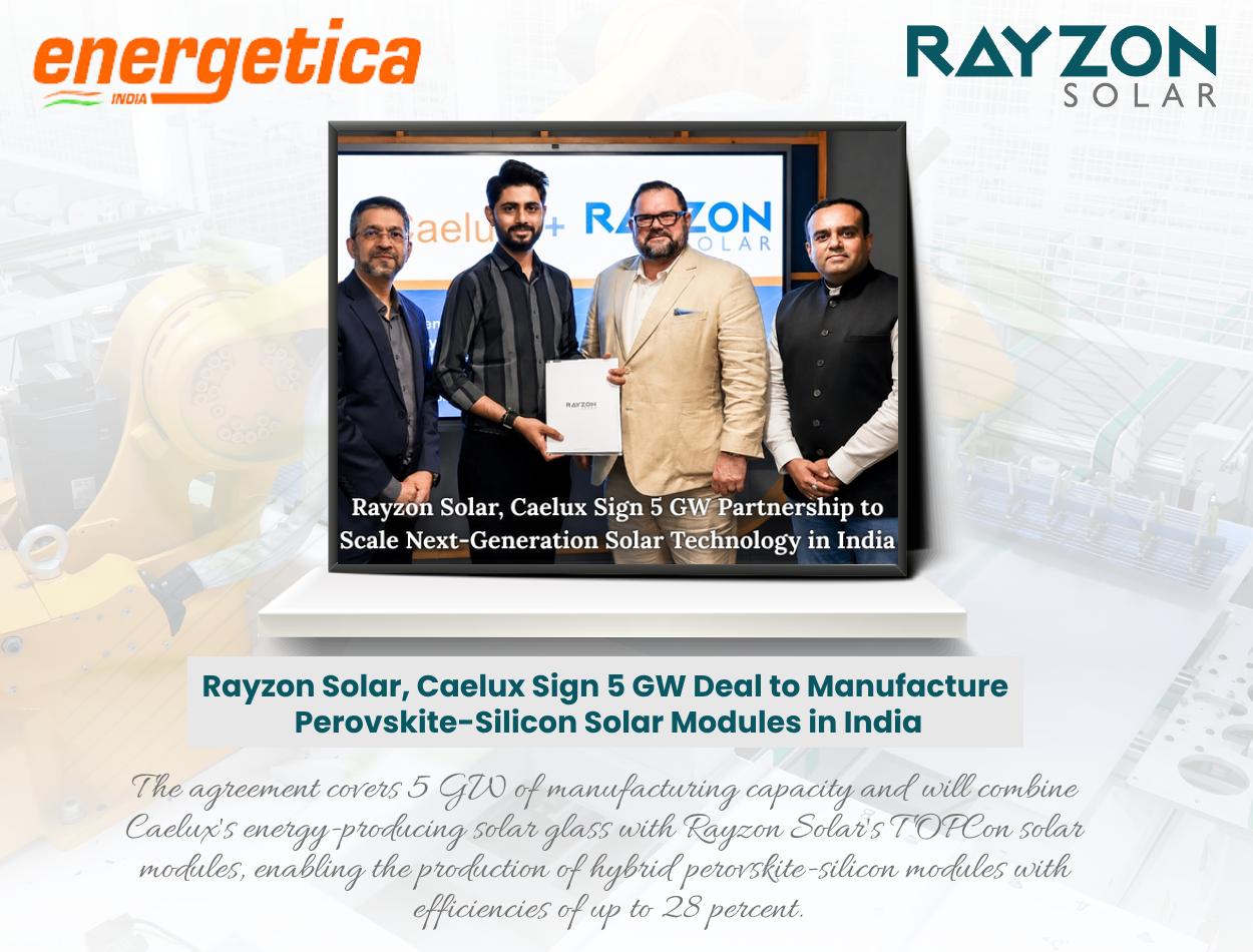Rayzon Solar Signs 5 GW Deal with Caelux to Manufacture Perovskite-Silicon Solar Modules in India