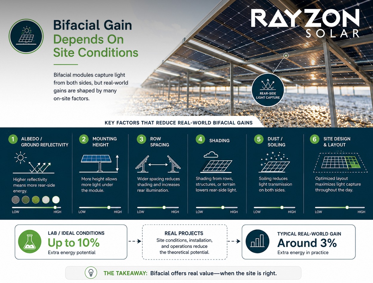 Bifacial solar energy gain analysis with shading and reflectivity effects
