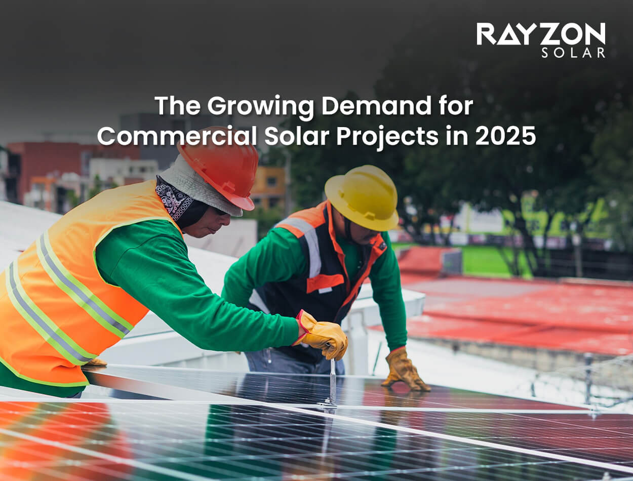 Rayzon Solar's commercial solar project showcasing high-efficiency PV modules, supporting sustainable energy solutions for businesses in 2025.