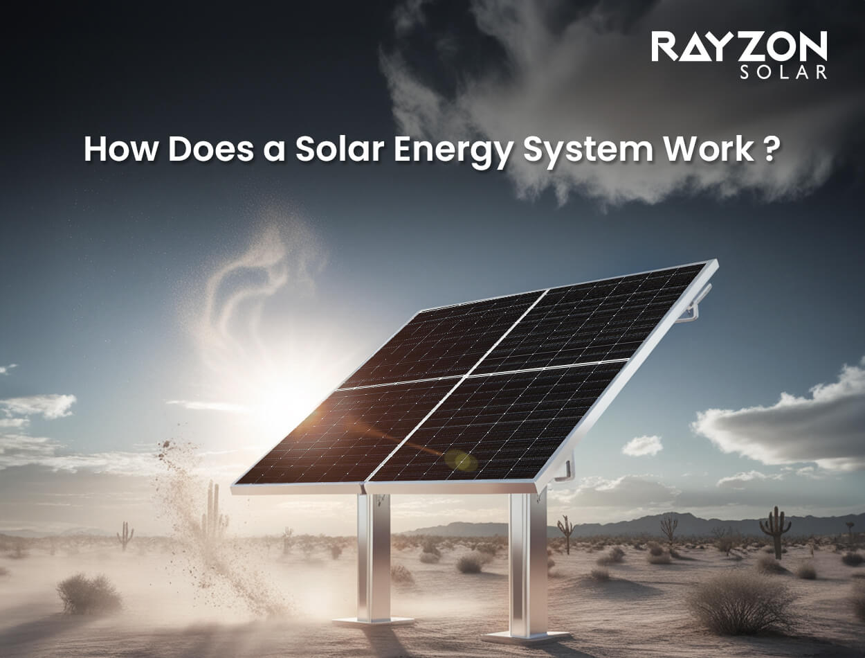 showing how a solar energy system works, converting sunlight into electricity