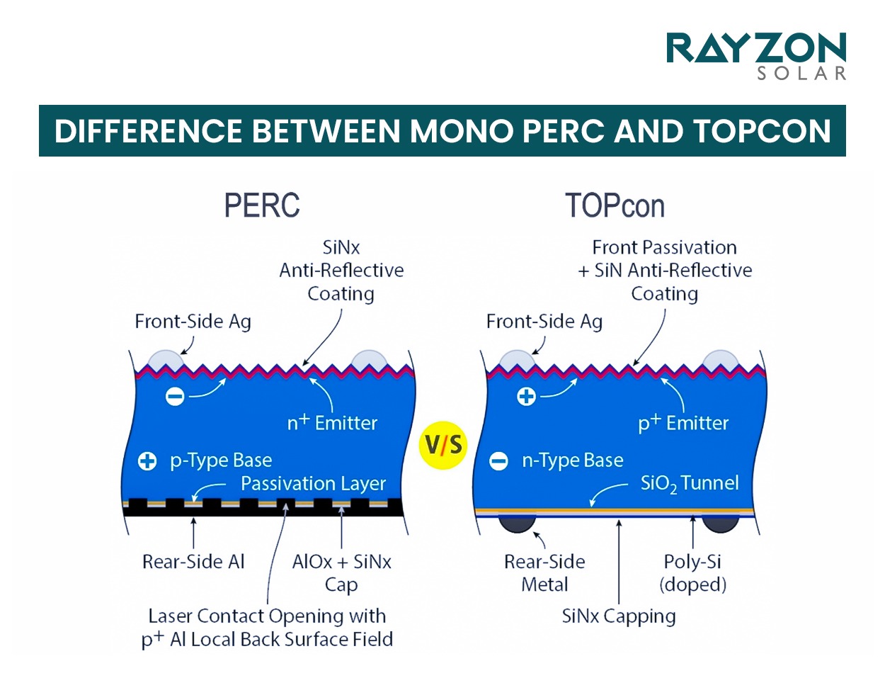 Mono PERC vs N-Type TOPCon solar cell structure comparison showing silicon wafer layers and electron flow