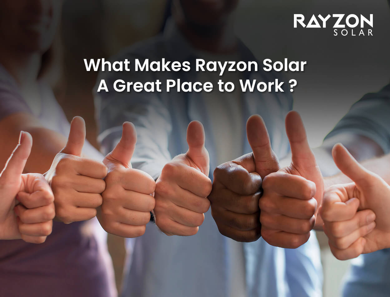 Rayzon Solar employees collaborating in a sustainable, innovation-driven workplace, showcasing work-life balance, employee growth, and eco-friendly initiatives.