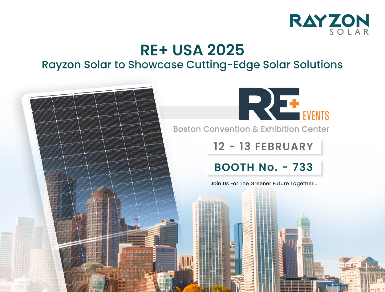 Rayzon Solar booth at RE+ USA 2025 showcasing N-TOPCon solar panels, innovative black frame designs, and advanced solar technologies.