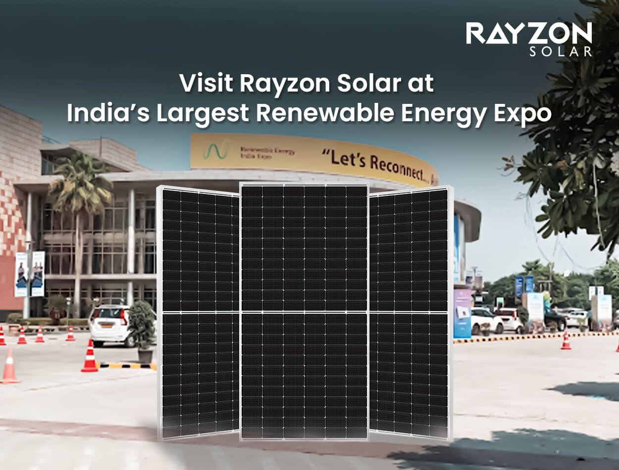 Rayzon Solar showcasing TOPCon and Bifacial Solar Panels at REI 2024, India’s largest renewable energy expo in Greater Noida.