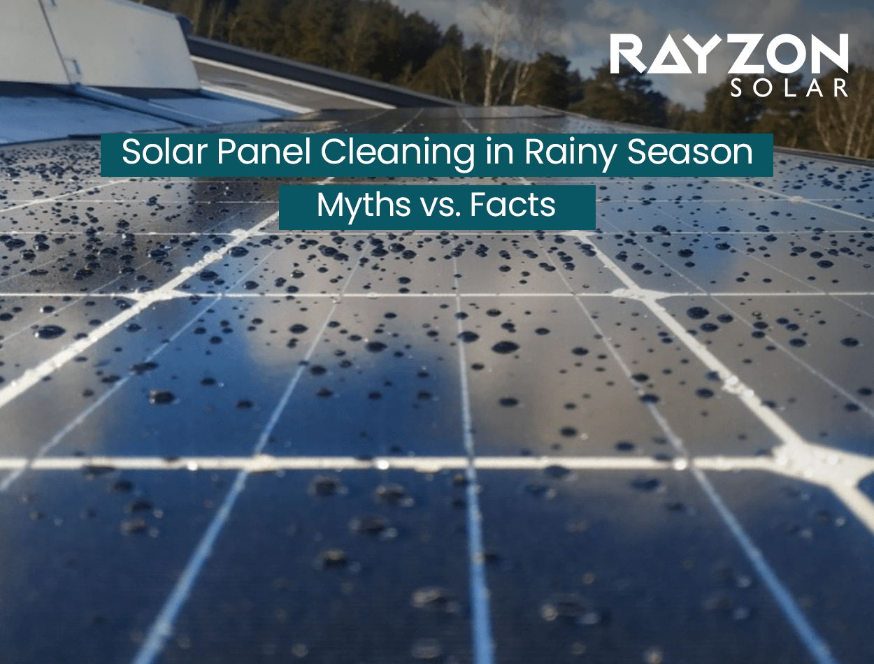 Rain droplets on a solar panel with a cloudy sky, showing the need for cleaning during monsoon season