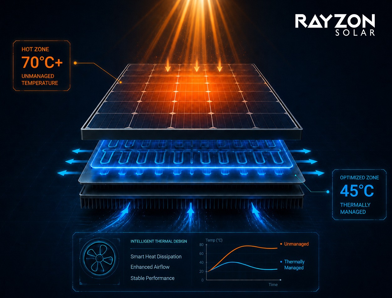 Illustration showing the impact of heat on solar panel performance and efficiency