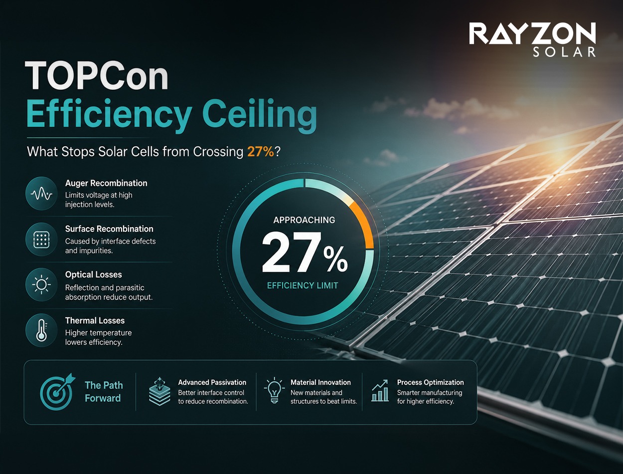 Advanced TOPCon photovoltaic cell showing passivated contact technology and efficiency optimization
