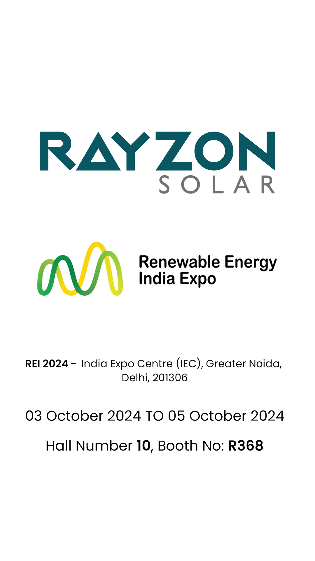 Rayzon Solar's booth at REI 2024, showcasing TOPCon and Bifacial Solar Panels, Hall 10, Booth R368, leading renewable energy innovations.