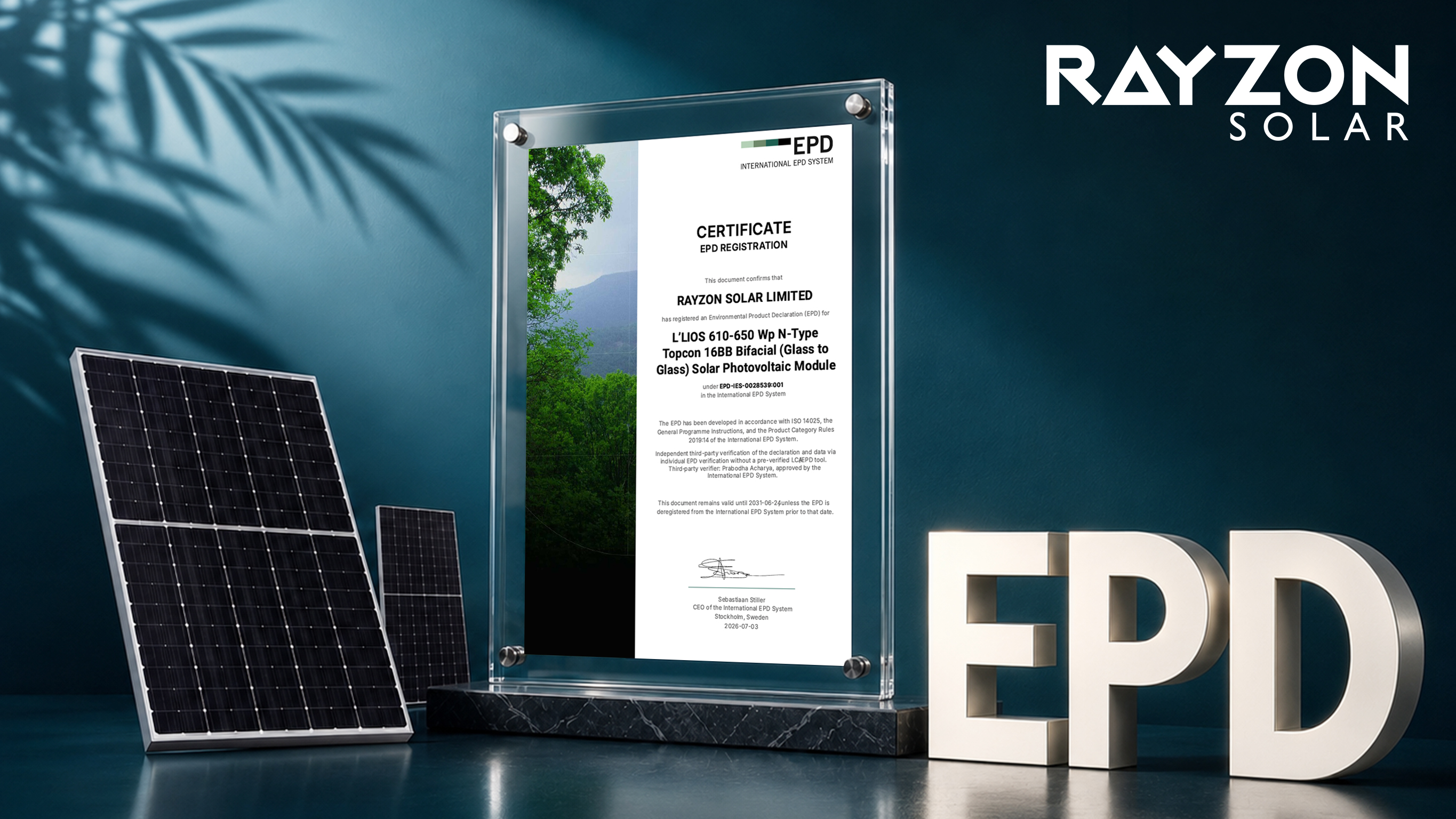 RAYZON Solar L'LIOS N-Type TOPCon bifacial glass-to-glass solar modules with second internationally verified Environmental Product Declaration (EPD)